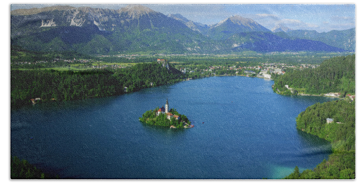 Bled Hand Towel featuring the photograph View of Lake Bled from Mala Osojnica by Ian Middleton
