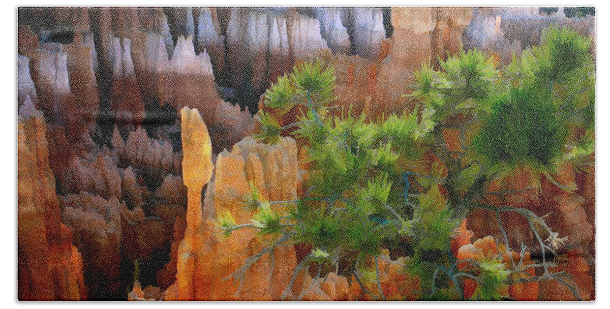 Landscape Hand Towel featuring the painting Views of the HooDoos in Bryce Canyon National Park Utah by Elaine Plesser
