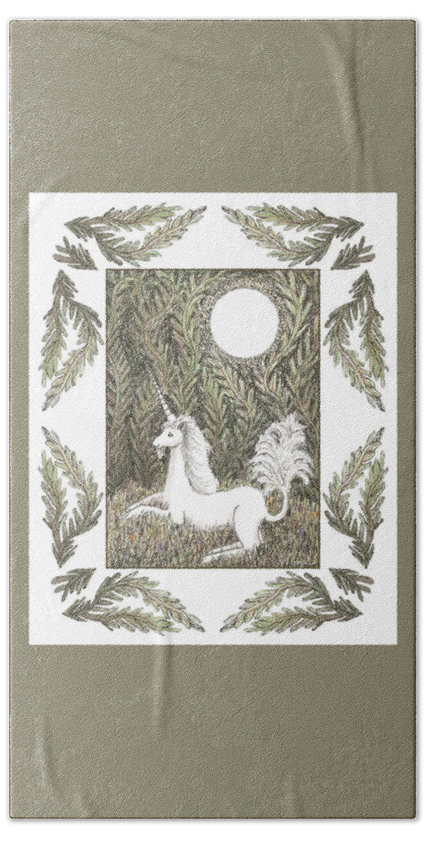 Lise Winne Bath Towel featuring the drawing Vigilant Unicorn by Lise Winne