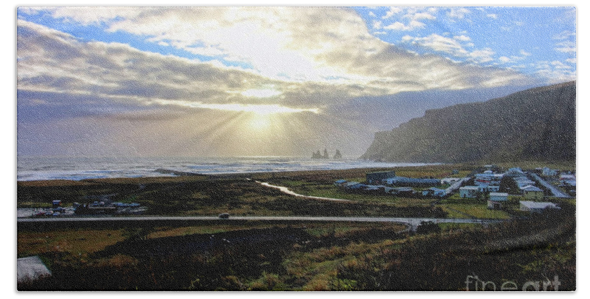 Vik Hand Towel featuring the photograph Vik Iceland Sunrays 7028 by Jack Schultz
