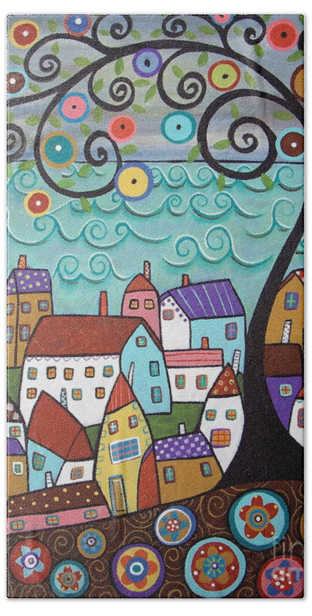 Seascape Bath Towel featuring the painting Village By The Sea by Karla Gerard