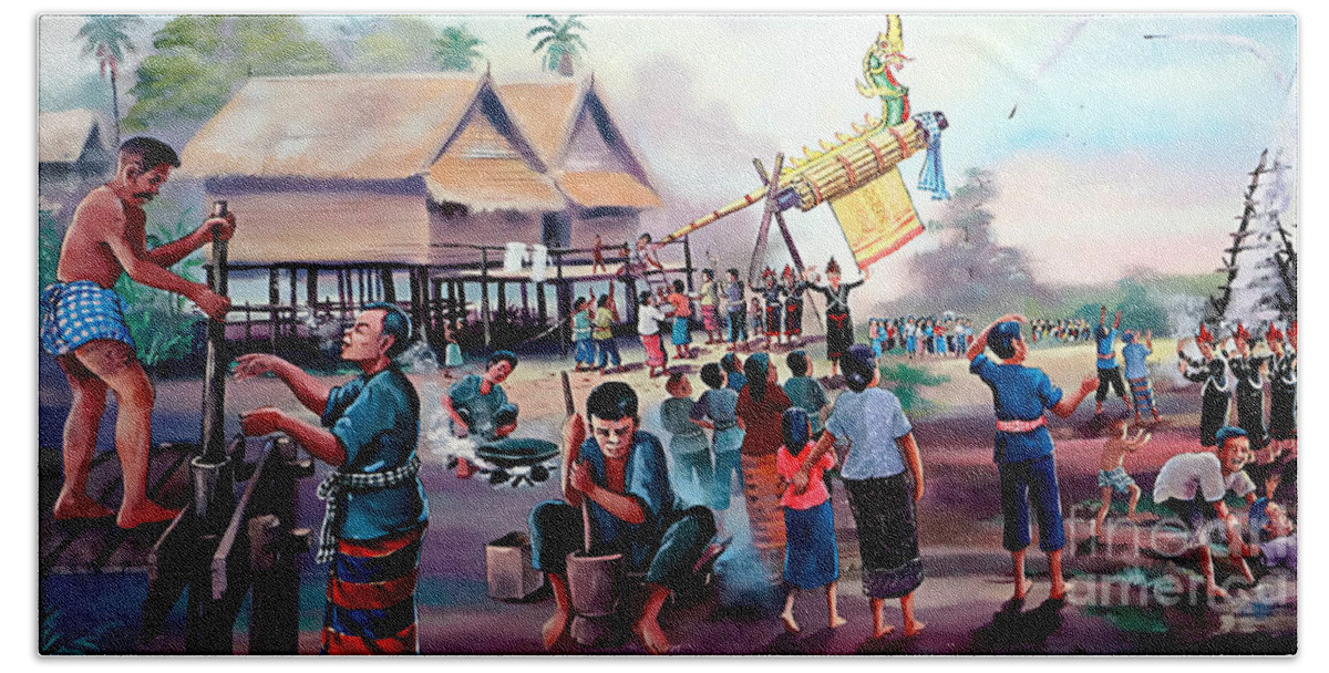 Thailand Bath Towel featuring the painting Village Rocket Festival-Vintage Painting by Ian Gledhill