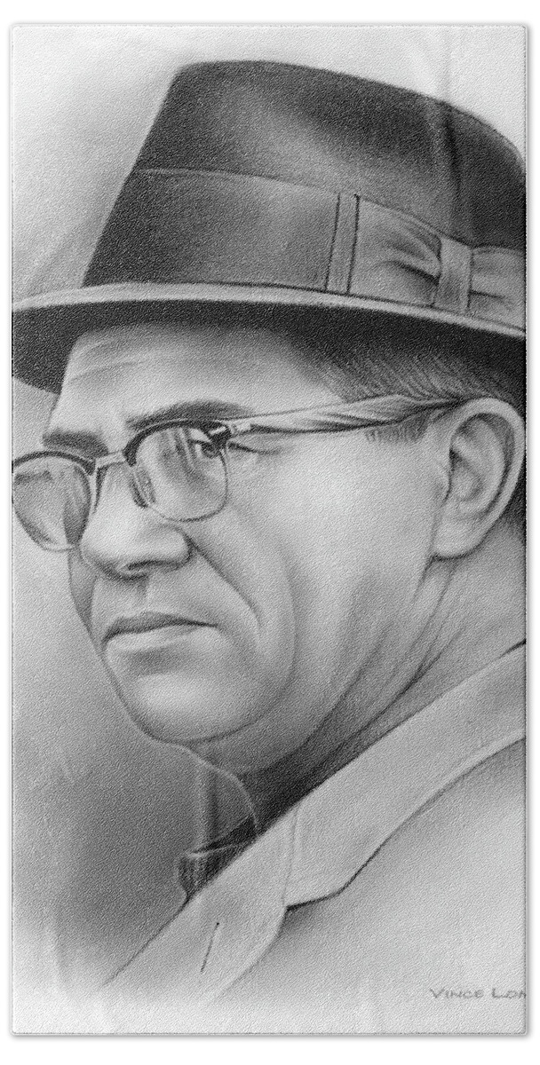 Vince Lombardi Hand Towel featuring the drawing Vince Lombardi by Greg Joens