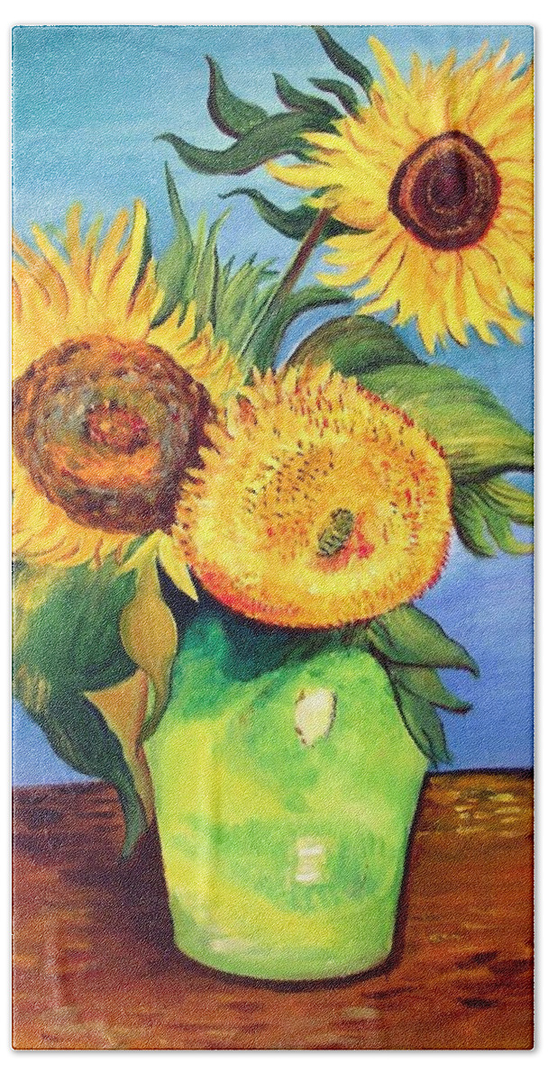 Van Gogh Hand Towel featuring the painting Vincent's Sunflowers by Patricia Piffath