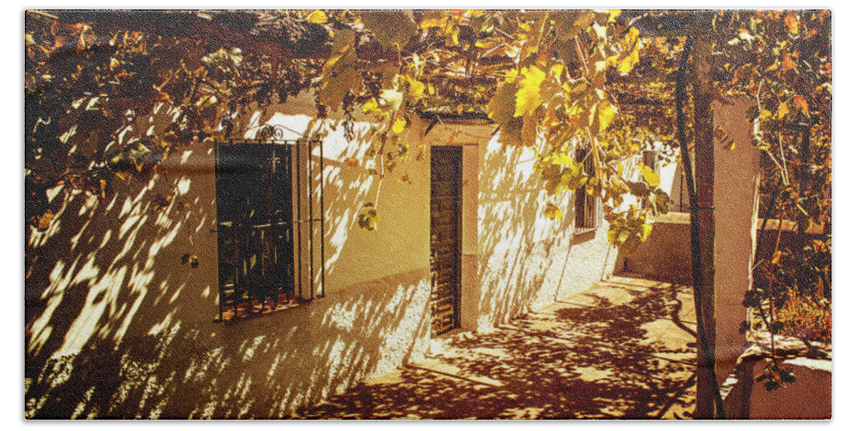 Grape Bath Towel featuring the photograph Vine-Covered Patio. Andalusia. Spain by Jenny Rainbow