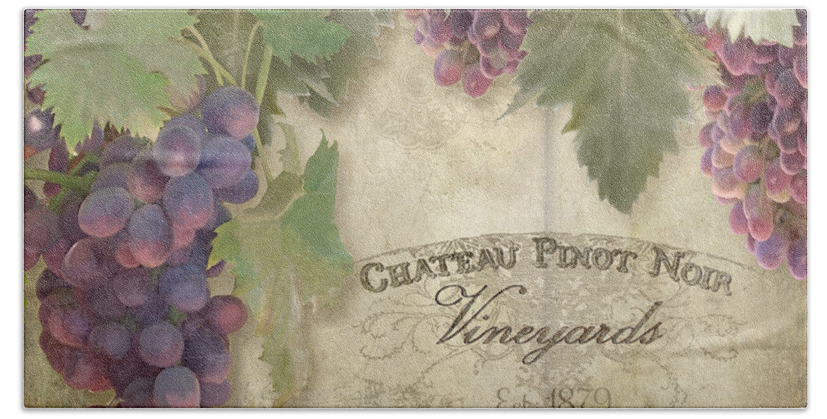 Pinot Noir Grapes Bath Towel featuring the painting Vineyard Series - Chateau Pinot Noir Vineyards Sign by Audrey Jeanne Roberts