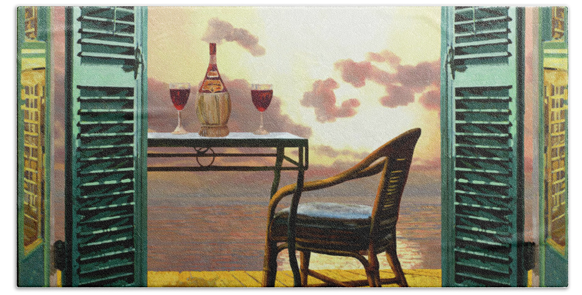 Red Wine Hand Towel featuring the painting Vino Rosso Al Tramonto by Guido Borelli