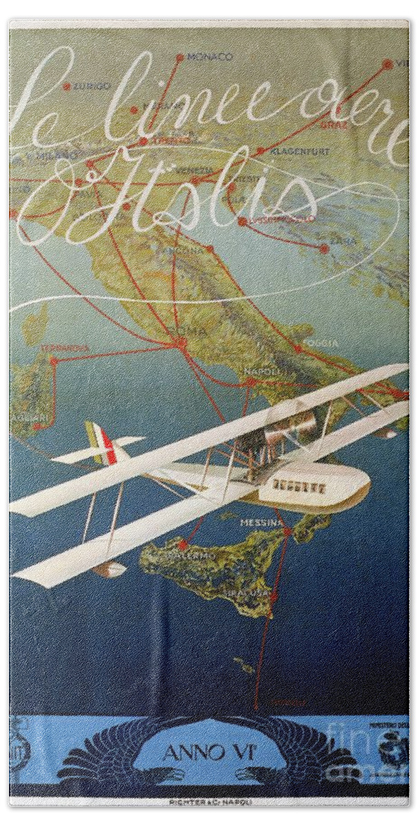 Italy Bath Towel featuring the digital art Vintage 1920s island plane shuttle Italian travel by Heidi De Leeuw