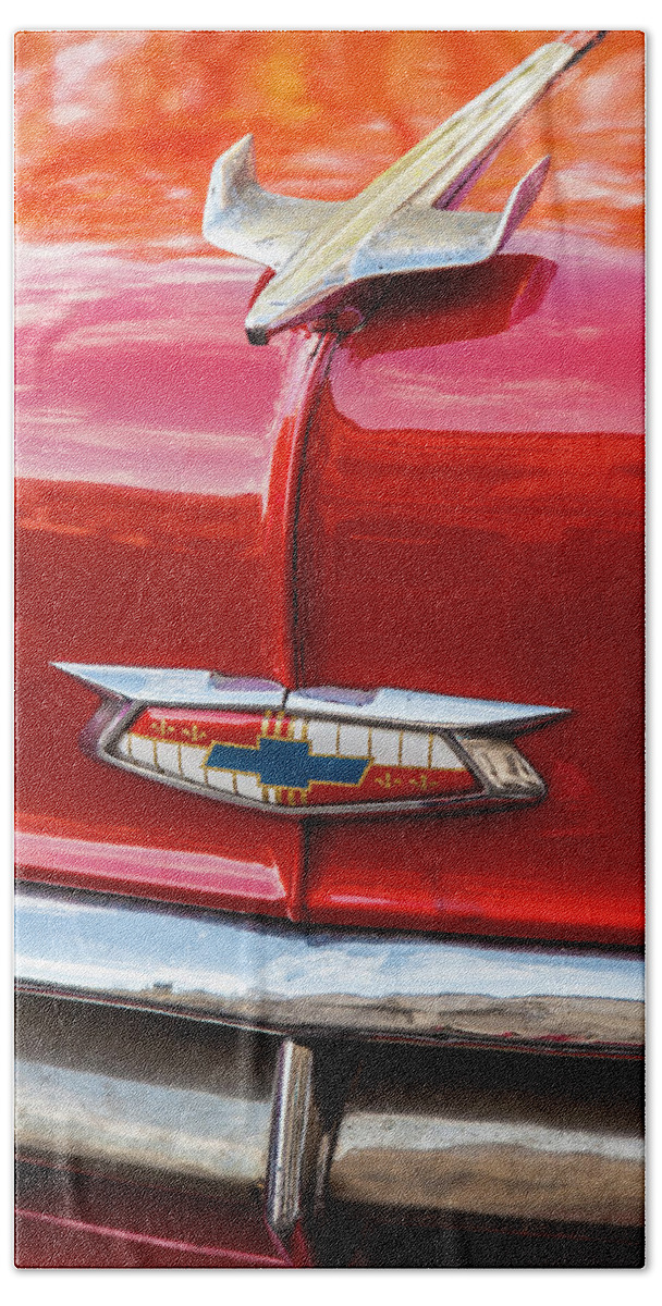 Vintage Chevy Hood Ornament Havana Cuba Photography By Charles Harden Red Candy Apple Smooth Chrome Antique Jet Plane Glossy Gloss Hand Towel featuring the photograph Vintage Chevy Hood Ornament Havana Cuba by Charles Harden