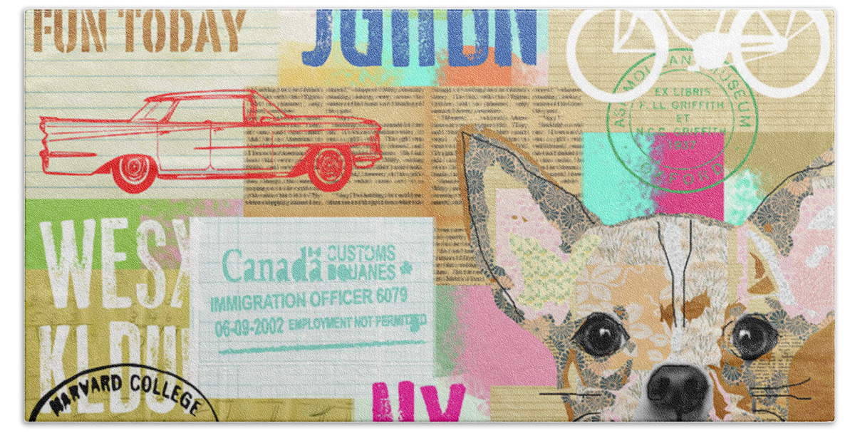 Vintage Collage Chihuahua Hand Towel featuring the mixed media Vintage Collage Chihuahua by Claudia Schoen