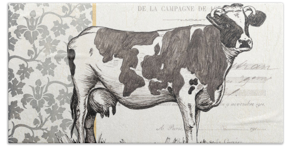 Cow Bath Towel featuring the painting Vintage Farm 4 by Debbie DeWitt