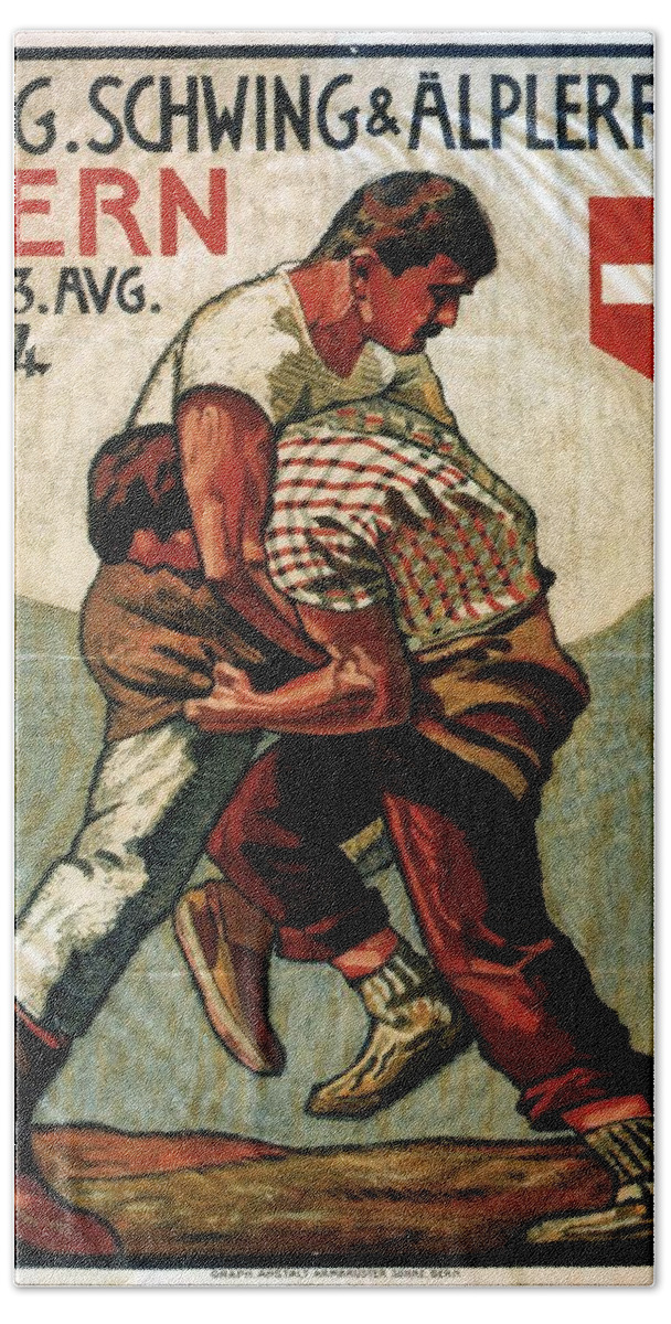 Two Men Wrestling Hand Towel featuring the painting Vintage Illustrated Poster - Two Men Wrestling - Schwing and Alplerfest - Bern, Switzerland by Studio Grafiikka