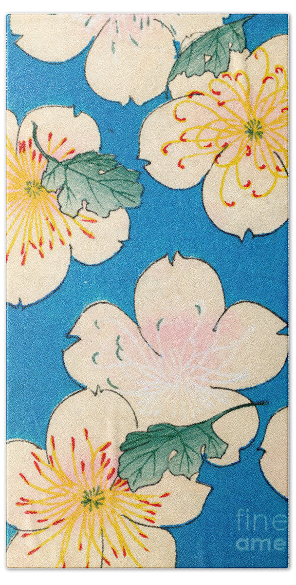 Flower Flowers Floral Petal Petals Blue Background Backdrop Lily Lilies Water Pond Leaf Leaves Green Blue And Cream Dogwood Blossom Blossoms Blossoming Japanese Japan Art Fine Art Asia Asian Woodblock Pattern Patterns Design Textile Designs Textiles Motif Arrangement Motif Style Decor Decorative Motifs Chintz Cushions Cushion Pillow Pillows Duvet Cover Covers Tote Totes Bag Iphone Case Phone Case Far East Eastern East Oriental Vintage Bath Sheet featuring the painting Vintage Japanese illustration of dogwood blossoms by Japanese School