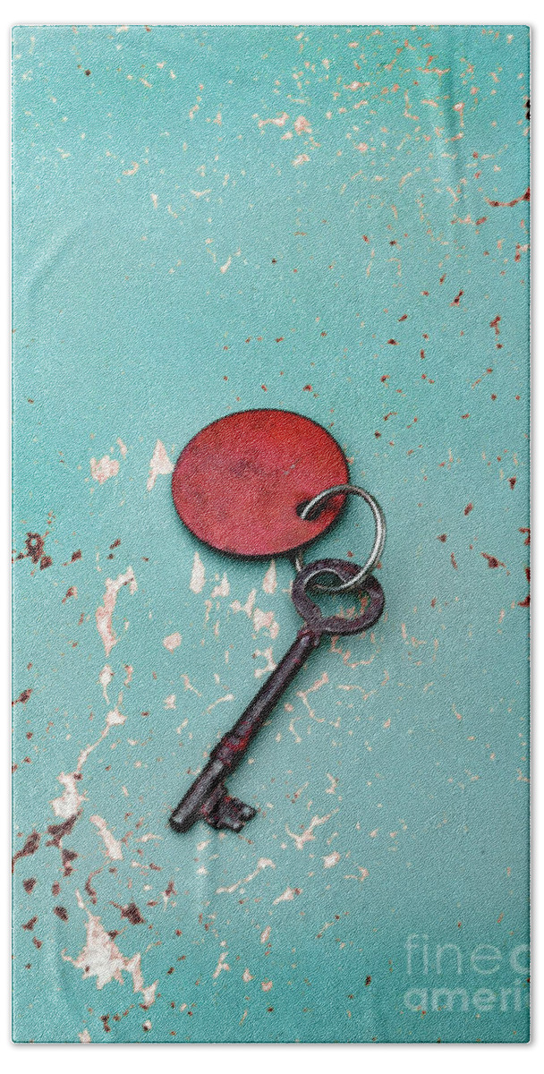 Key Hand Towel featuring the photograph Vintage Key with Red Tag by Jill Battaglia