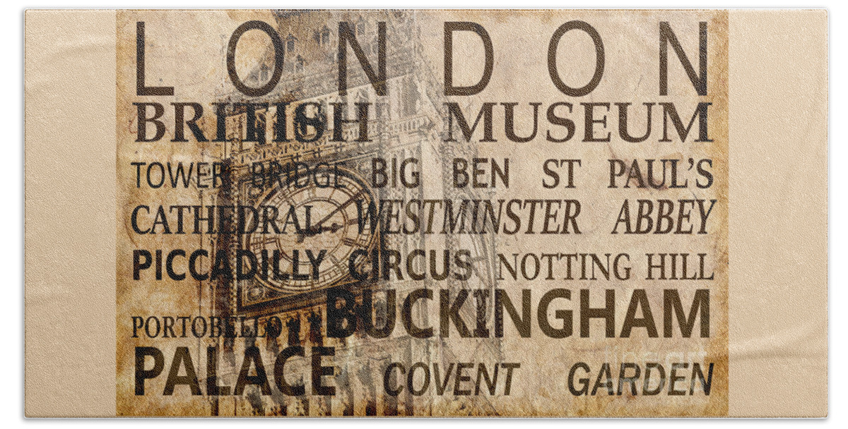 London Hand Towel featuring the photograph Vintage London landmarks collage, sepia by Delphimages London Photography
