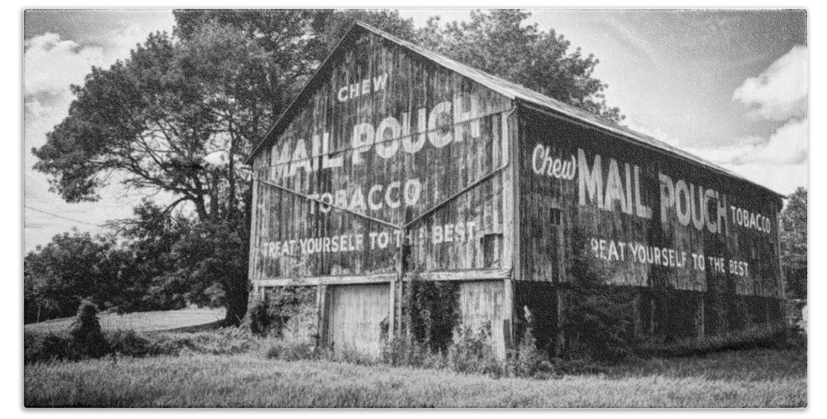 America Bath Towel featuring the photograph Vintage Mail Pouch Tobacco Barn - Black and White Edition by Gregory Ballos