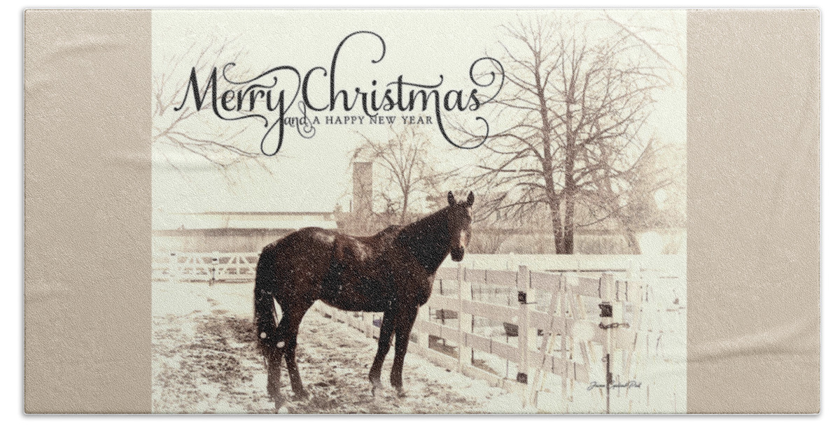 Merry Christmas Hand Towel featuring the photograph Vintage Merry Christmas with Horse by Joann Copeland-Paul
