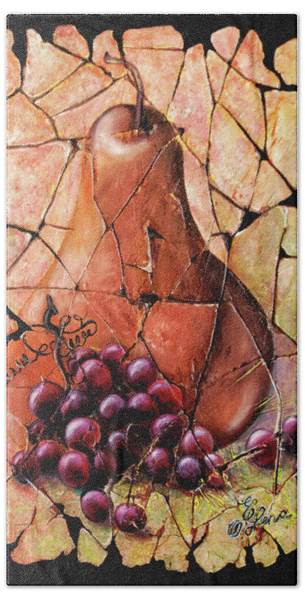  Fresco Antique Painting Grape Bath Towel featuring the painting Vintage Pear And Grapes Fresco  by OLena Art by Lena Owens - Vibrant DESIGN