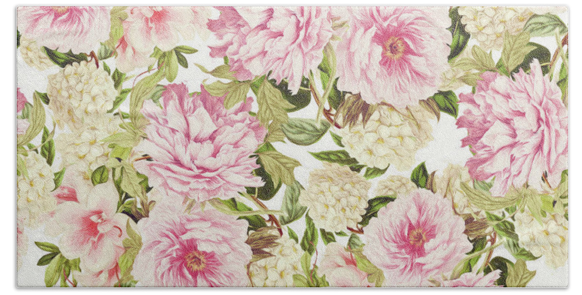 Watercolor Bath Towel featuring the photograph Vintage Peonies And Hydrangeas by Sylvia Cook