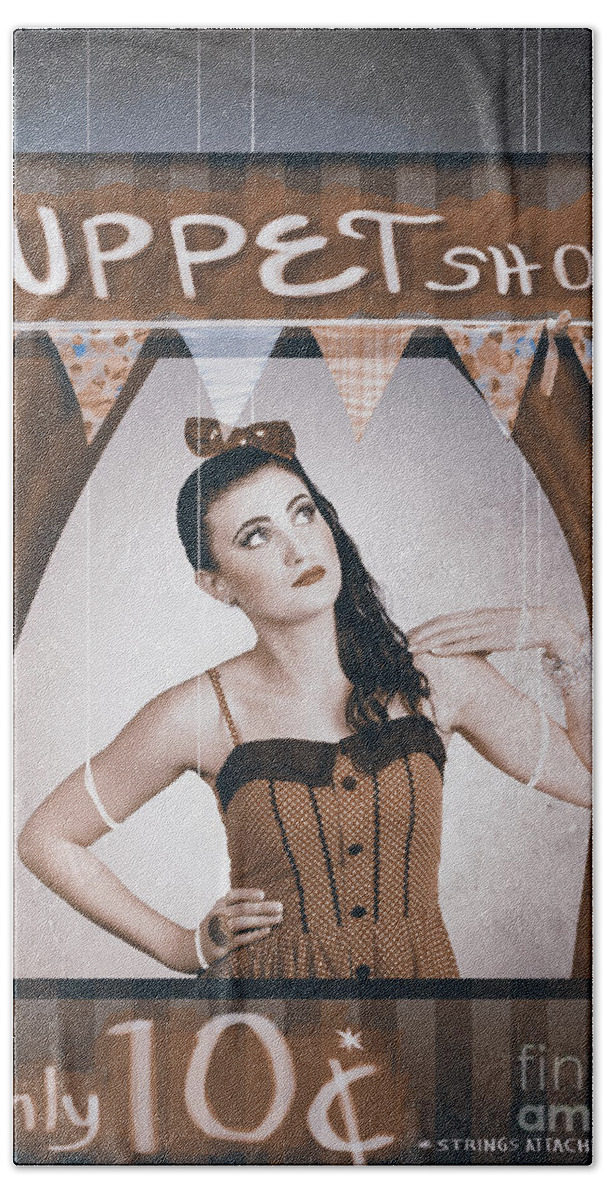 Puppet Bath Towel featuring the digital art Vintage pinup girl inside a puppet show booth by Jorgo Photography