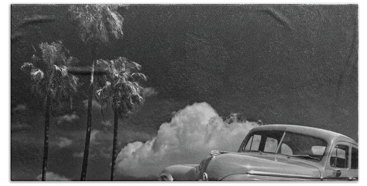 Car Bath Towel featuring the photograph Vintage Plymouth Automobile in Black and White against Palm Trees by Randall Nyhof