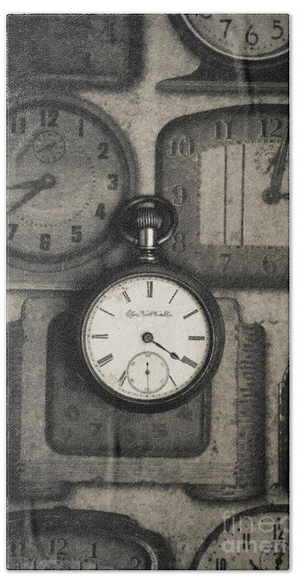Still Life Hand Towel featuring the photograph Vintage Pocket Watch over Old Clocks by Edward Fielding