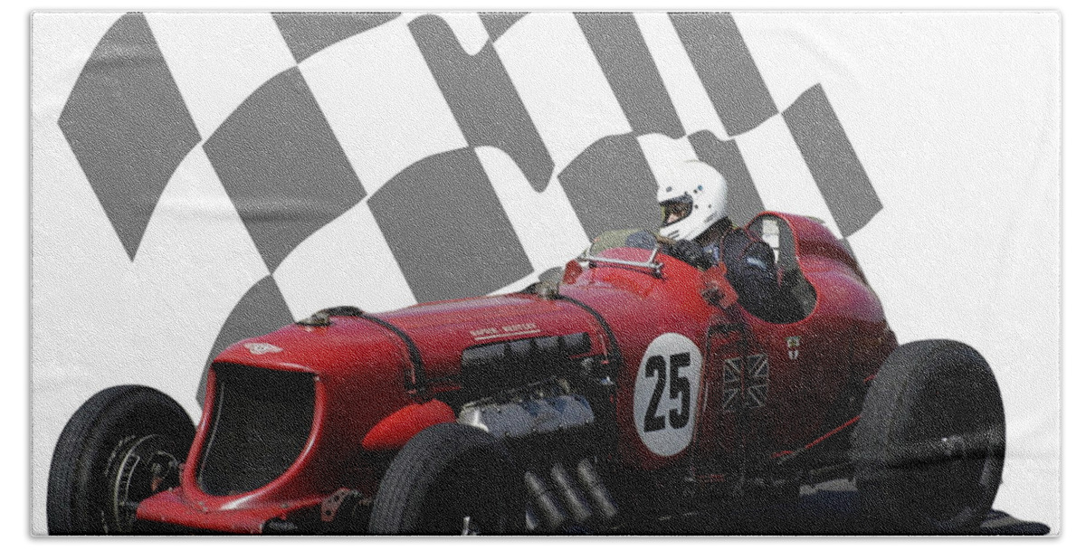 Racing Car Hand Towel featuring the photograph Vintage Racing Car and Flag 3 by John Colley