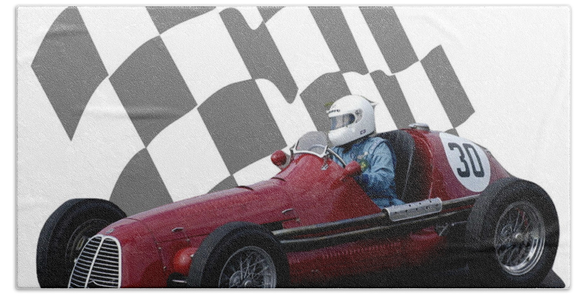 Racing Car Bath Towel featuring the photograph Vintage Racing Car and Flag 6 by John Colley