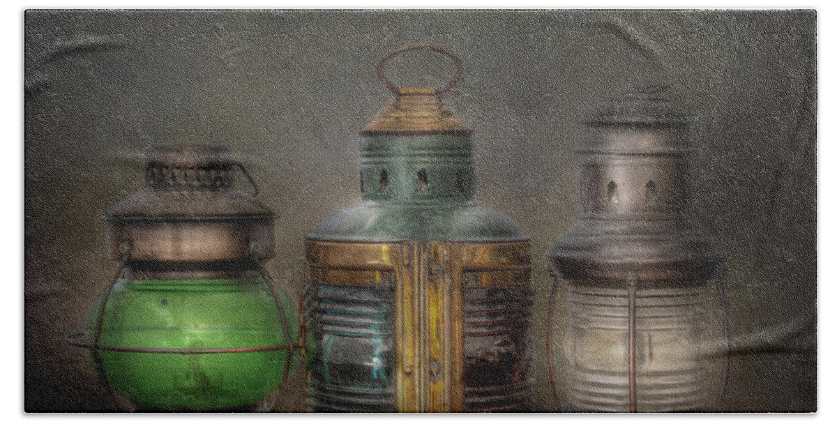 Antique Bath Towel featuring the photograph Vintage Railroad Oil Lamps by David and Carol Kelly