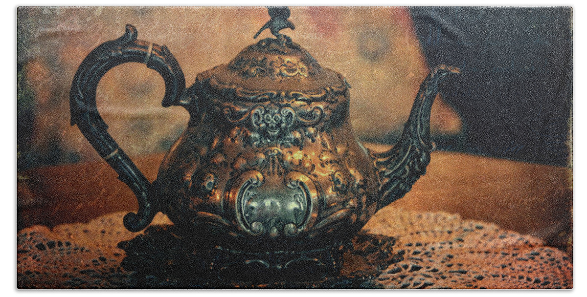 Casa Loma Hand Towel featuring the photograph Vintage Silver Teapot by Maria Angelica Maira