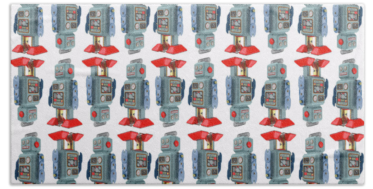 Robot Hand Towel featuring the digital art Vintage Toy Tin Robots Pattern by Edward Fielding