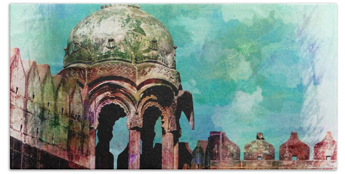 Travel Photography Hand Towel featuring the photograph Vintage Watercolor Gazebo Ornate Palace Mehrangarh Fort India Rajasthan 2a by Sue Jacobi