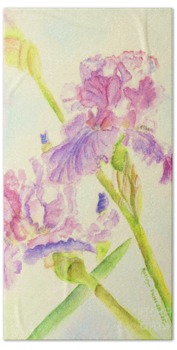 Flower Painting Bath Towel featuring the painting Violet Irises by Kathryn Duncan