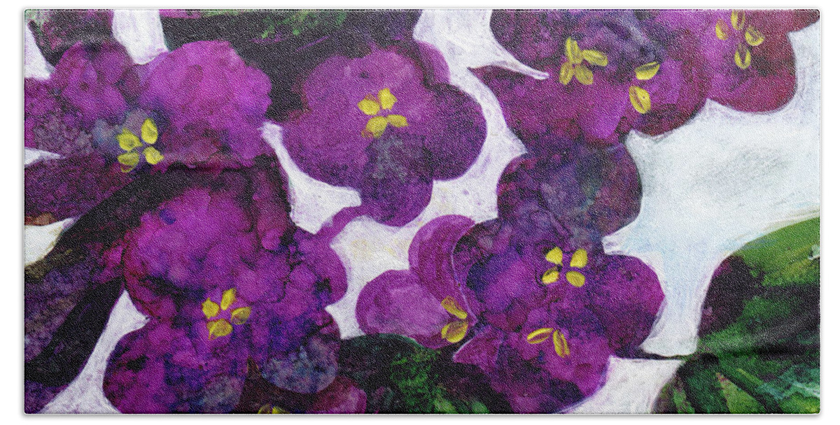 Purple African Violets Bath Towel featuring the mixed media Violets by Julie Maas