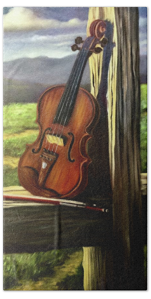 Violin Bath Towel featuring the painting Violin by Rand Burns