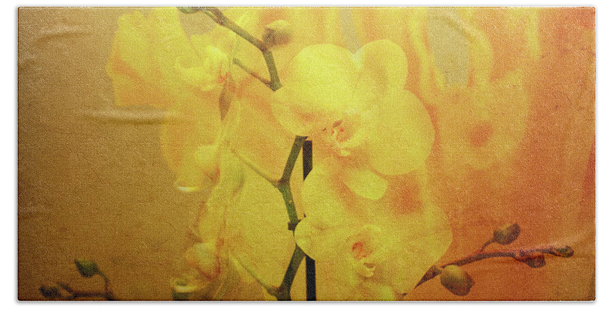 Mona Stut Bath Towel featuring the photograph Yellow Visions of Spring Orchids by Mona Stut