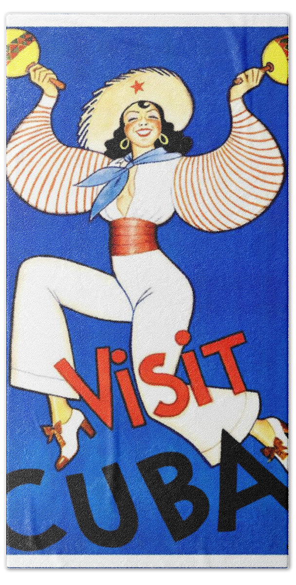 Visit Cuba Bath Sheet featuring the mixed media Visit Cuba, Caribbean - Woman Dancing and Shaking Maracas - Retro travel Poster - Vintage Poster by Studio Grafiikka