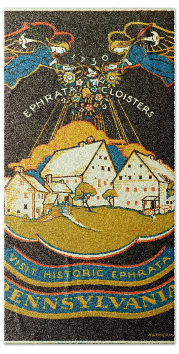 Pennsylvania Hand Towel featuring the painting Visit historic Ephrata, Pennsylvania, WPA poster, 1939 by Vincent Monozlay