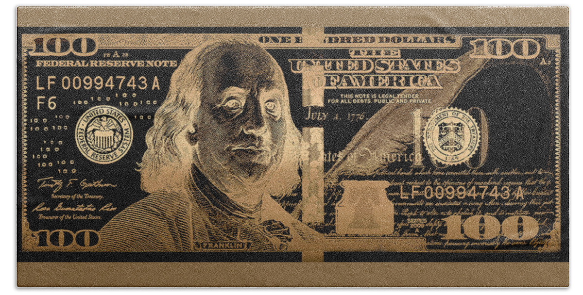 'visual Art Pop' Collection By Serge Averbukh Hand Towel featuring the digital art One Hundred US Dollar Bill - $100 USD in Gold on Black by Serge Averbukh