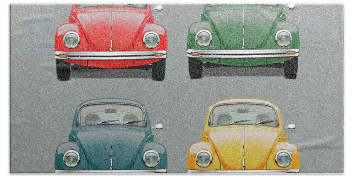 'volkswagen - Bugs And Buses' Collection By Serge Averbukh Bath Towel featuring the digital art Volkswagen Type 1 - Variety of Volkswagen Beetle on Vintage Background by Serge Averbukh