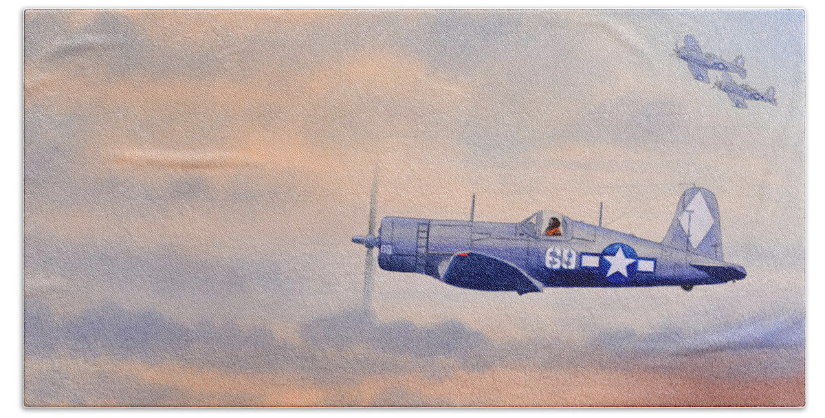 Vought F4u 1d Corsair Aircraft Hand Towel featuring the painting Vought F4U-1D Corsair Aircraft by Bill Holkham