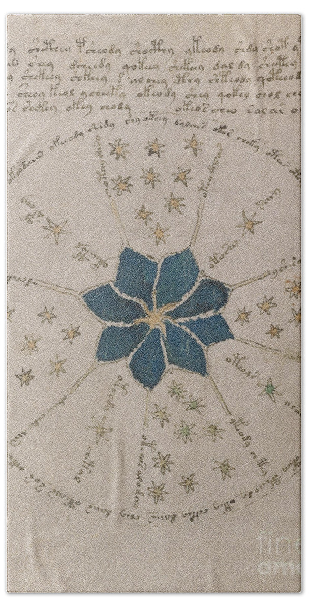 Astronomy Bath Towel featuring the drawing Voynich Manuscript Astro Rosette 2 by Rick Bures