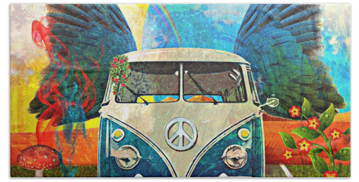 Volkswagen Hand Towel featuring the mixed media VW Bus Trip by Ally White