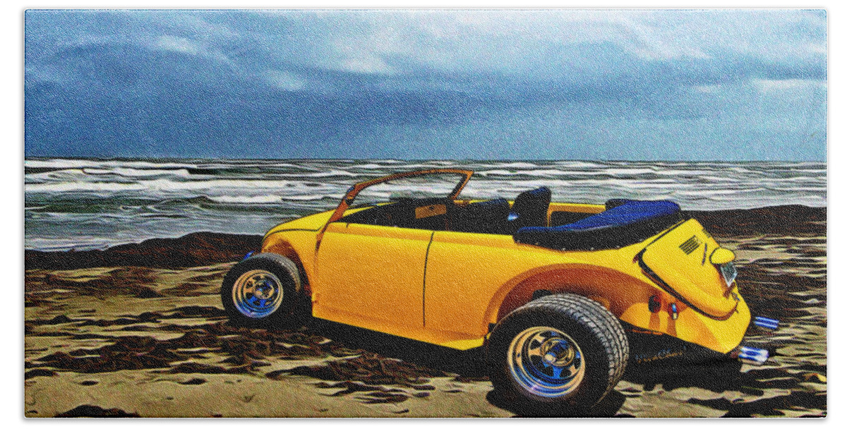 Yellow Hand Towel featuring the photograph Yellow Roadster at the Beach on Padre Island with VivaChas by Chas Sinklier