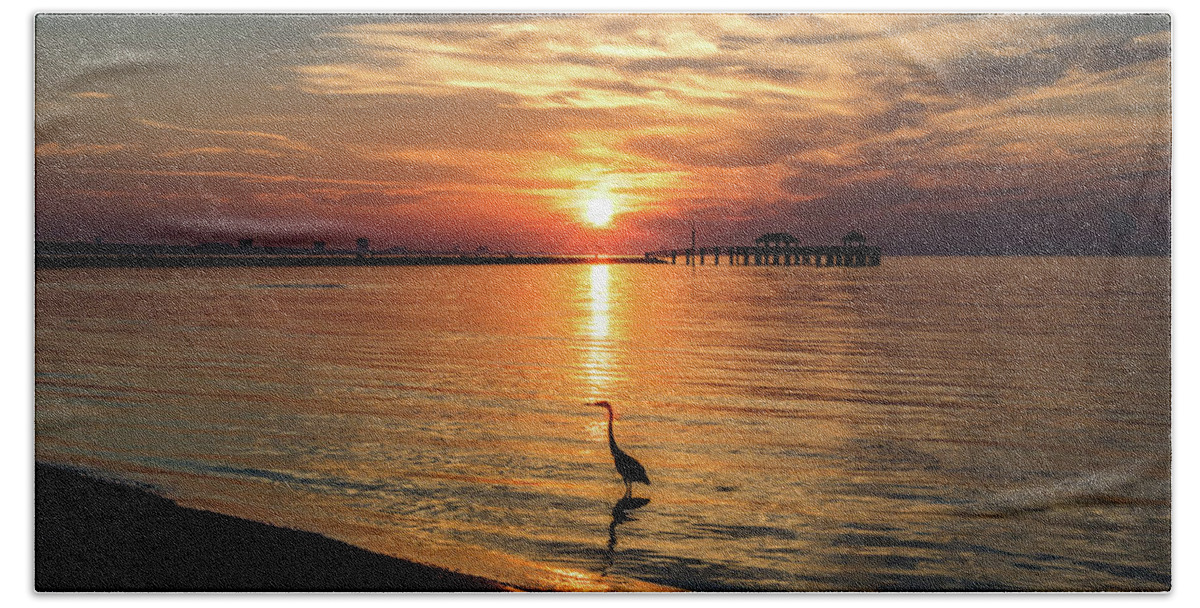 Shorebirds Hand Towel featuring the photograph Wading Heron At Sunrise by JASawyer Imaging
