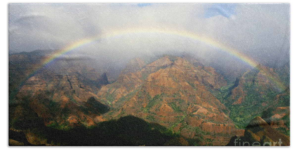 Above Bath Towel featuring the photograph Waimea Canyon, Full Rainbow by Brent Black - Printscapes