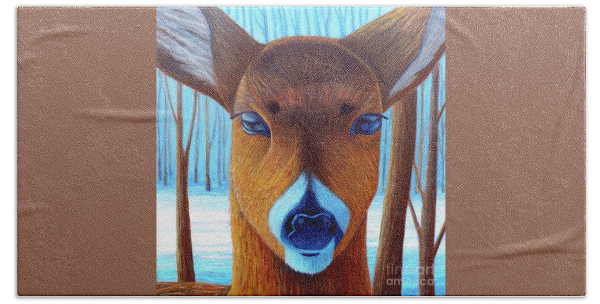 Deer Bath Towel featuring the painting Wait For The Magic by Brian Commerford
