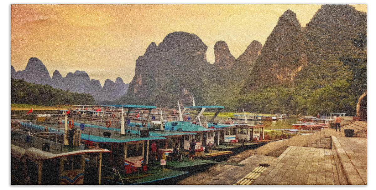 Boat Bath Towel featuring the photograph Waiting for the dockside boat-China Guilin scenery Lijiang River in Yangshuo by Artto Pan