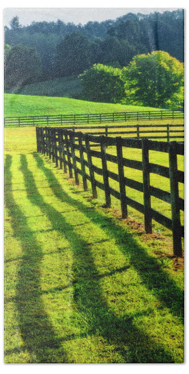 Appalachia Bath Towel featuring the photograph Walk along the Fence Shadows by Debra and Dave Vanderlaan