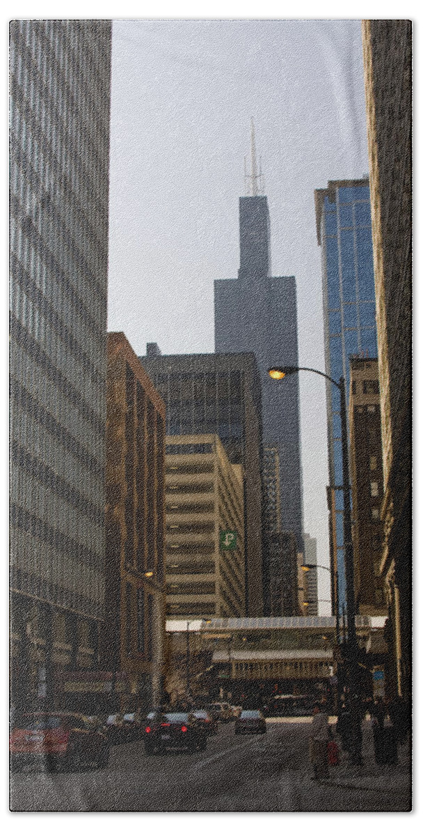Chicago Windy City Street Trafic Car People Building Skyscraper High Tall Urban Metro Hand Towel featuring the photograph Walking In Chicago by Andrei Shliakhau
